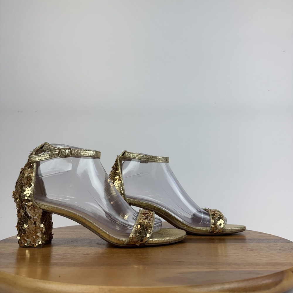 Womens Steve Madden Carrson Gold Metallic Sequins Block Heeled‎ Sandals Size 8.5